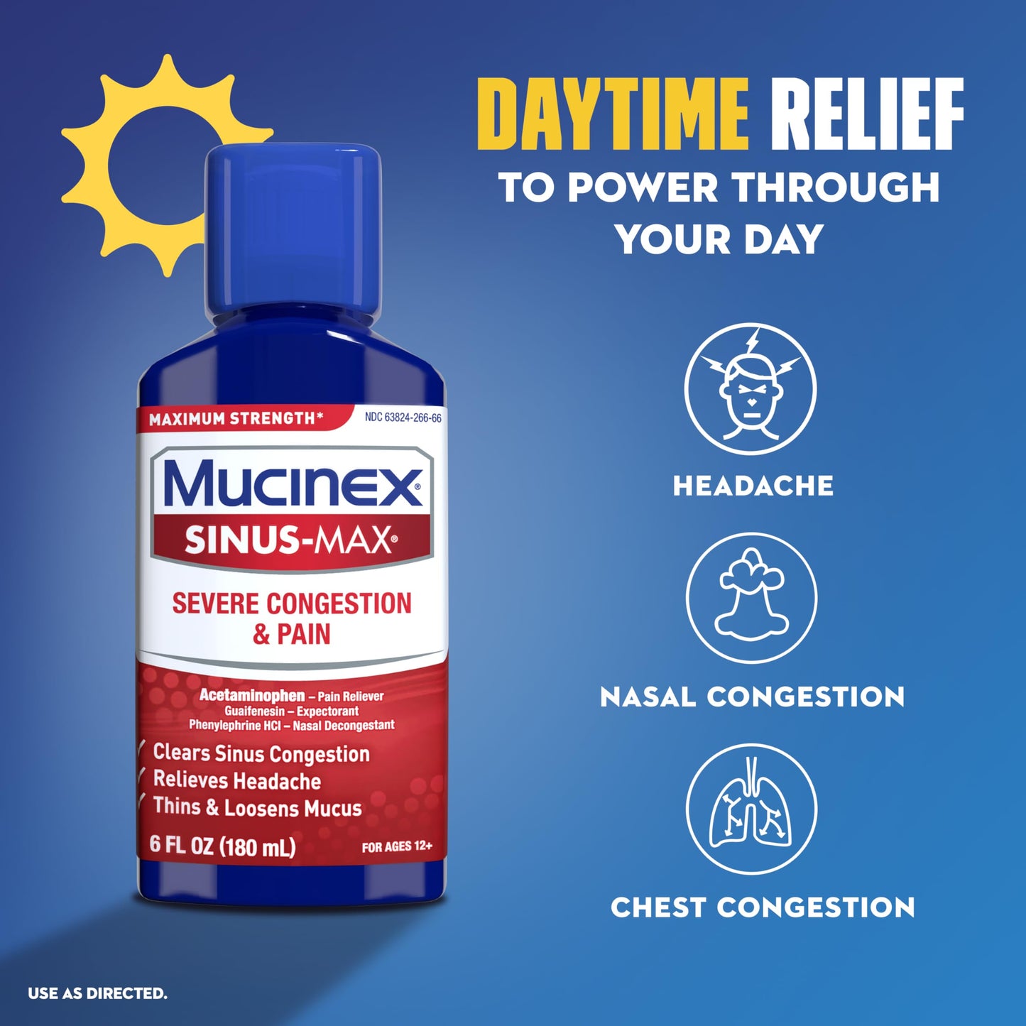 Mucinex Maximum Strength Sinus-Max Severe Congestion & Pain + Nightshift Sinus Liquid, Cold and Flu Medicine for Adults, Over-The-Counter Medication for Multi-Symptom Relief, 2x6 Fl Oz
