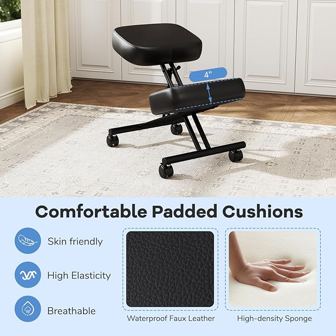 Goplus Kneeling Chair, Upholstered Mobile Desk Chair w/Adjustable Height, Thickened Sponge Cushion, 4 Lockable Universal Wheels, Office Home Padded Stool with Angled Seat, Black (1)
