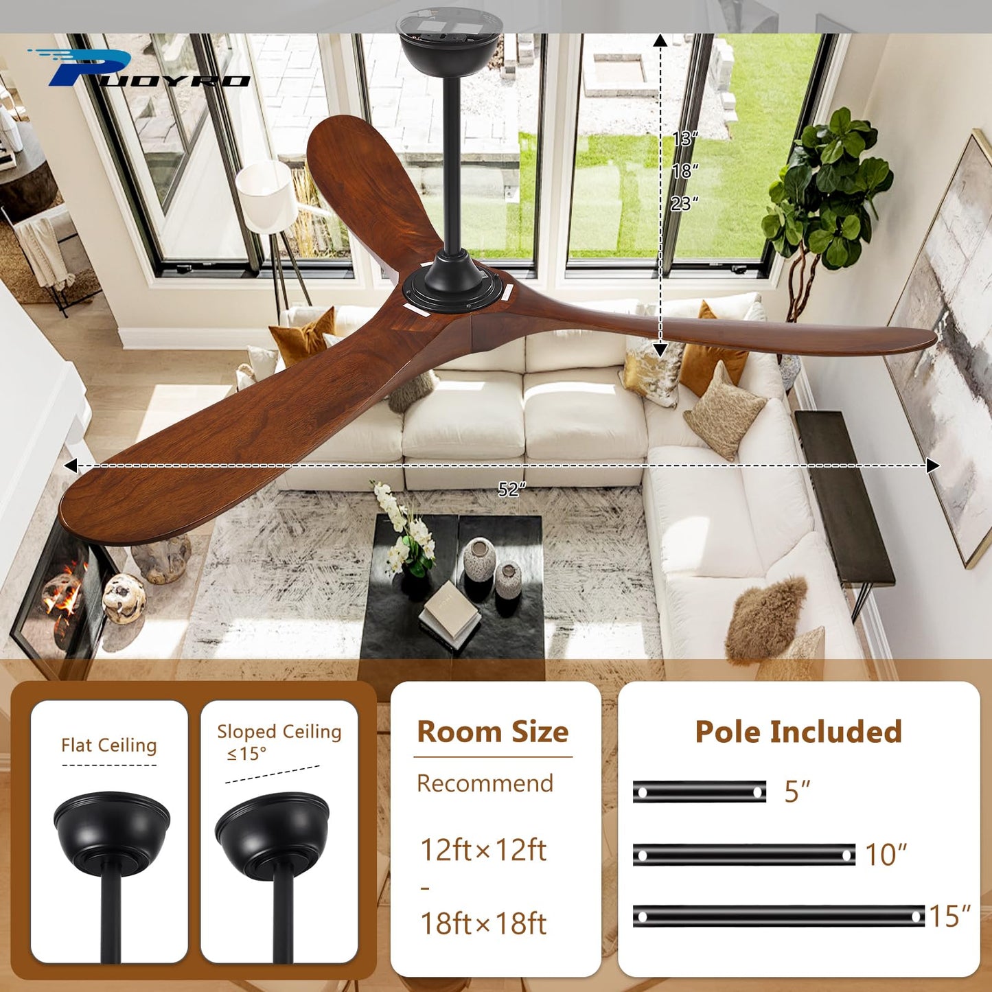 52" Ceiling Fan with Light and Remote, 6-Speed Dimmable Outdoor Ceiling Fan, High CFM Quiet 3 Blade Wood Ceiling Fan, Puoyro Modern Propeller Ceiling Fan for Outdoor Indoor Living Patio Porch (Walnut)