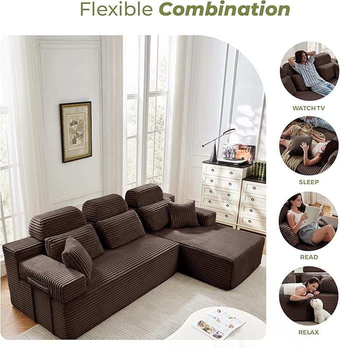 ZQRhome 104" L Shaped Boneless Couch Sectional Sofa with Chaise & Headrest, Boneless Deep Seat Plush Corduroy Couches for Living Room, No Assembly Required (Brown, 104" L-shapred Chaise)