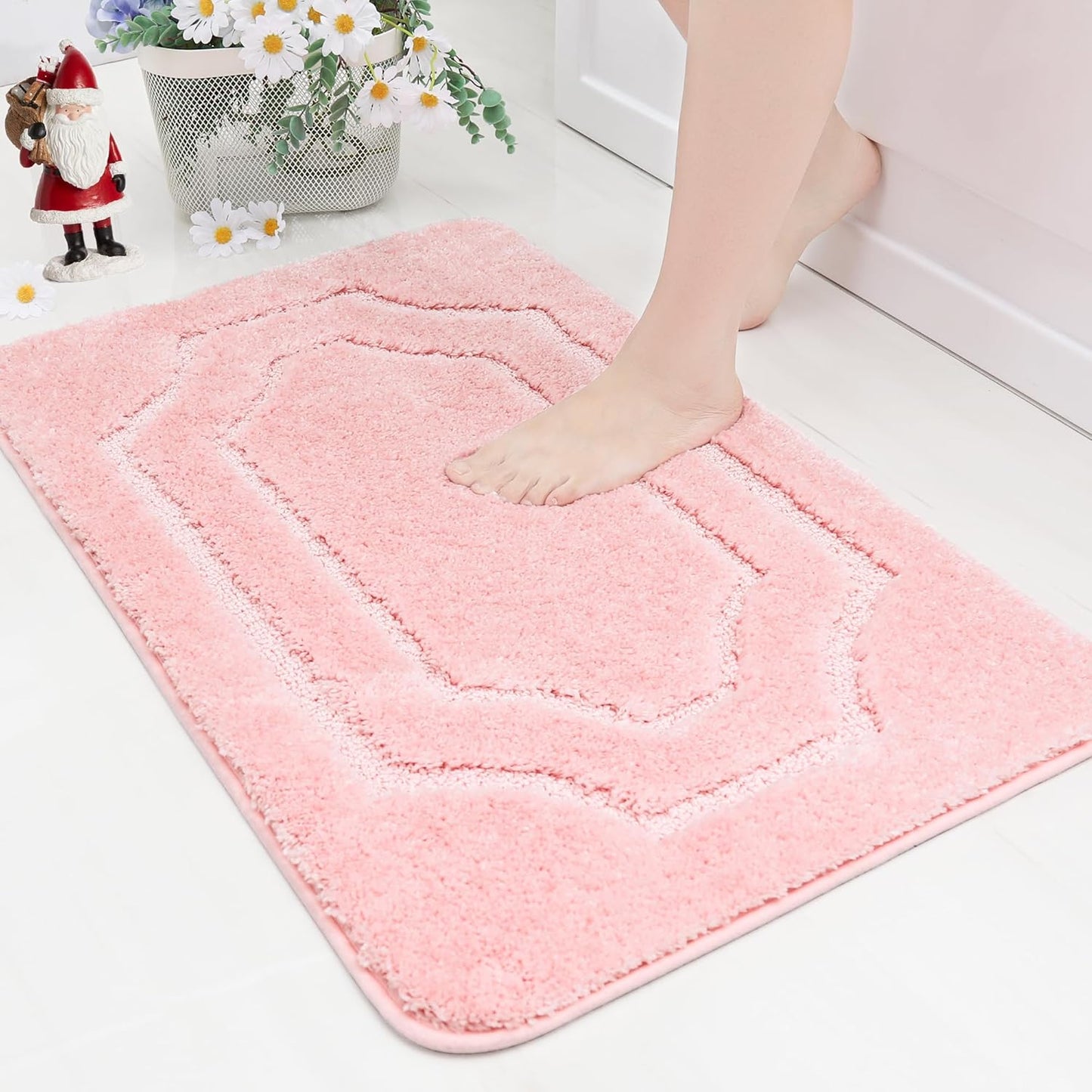 BEQHAUSE Bathroom-Rugs-Non-Slip-Bath-Mats for Bathroom Soft and Absorbent Polyester Microfiber Pink Bath Mat Machine Washable Shaggy Shower Mat for Bathrooms, Bathtub and Sink, 20" x32”