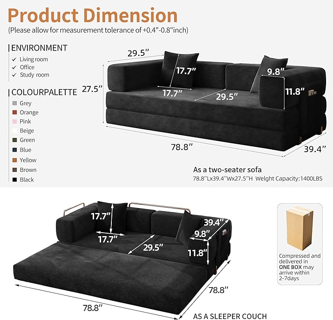 Fancyfire 78.8" Convertible Sofa Bed with Armrest Pillow,4-in-1 Sleeper Couch Bed for Livingroom,Modular Corduroy Boneless couches,No Assembly (Black)