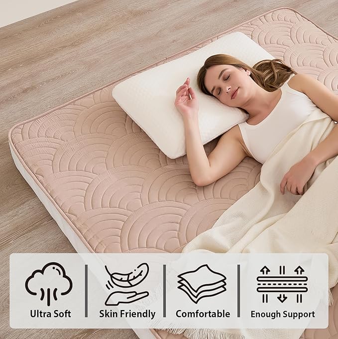 Zelladorra Japanese Floor Mattress, Quilted Futon Mattress with Anti-Slip Bottom, Foldable Floor Bed with Storage Bag and Straps, (Beige, Full)