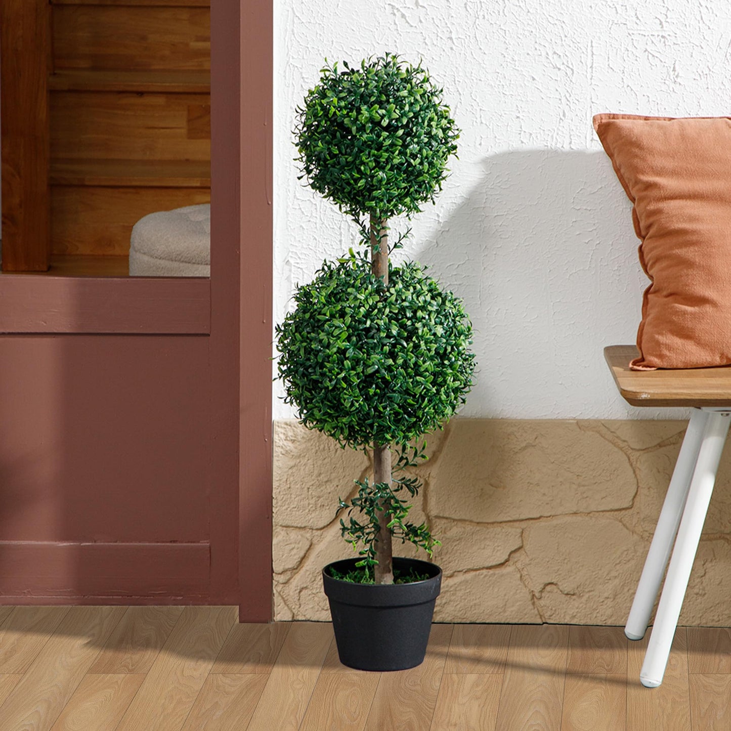 HOMCOM Artificial Plants Topiary Ball-Shaped Boxwood Trees in Pot Set of 2 Fake Plants for Home Indoor Outdoor Front Porch Decor, 36 Inch, Green