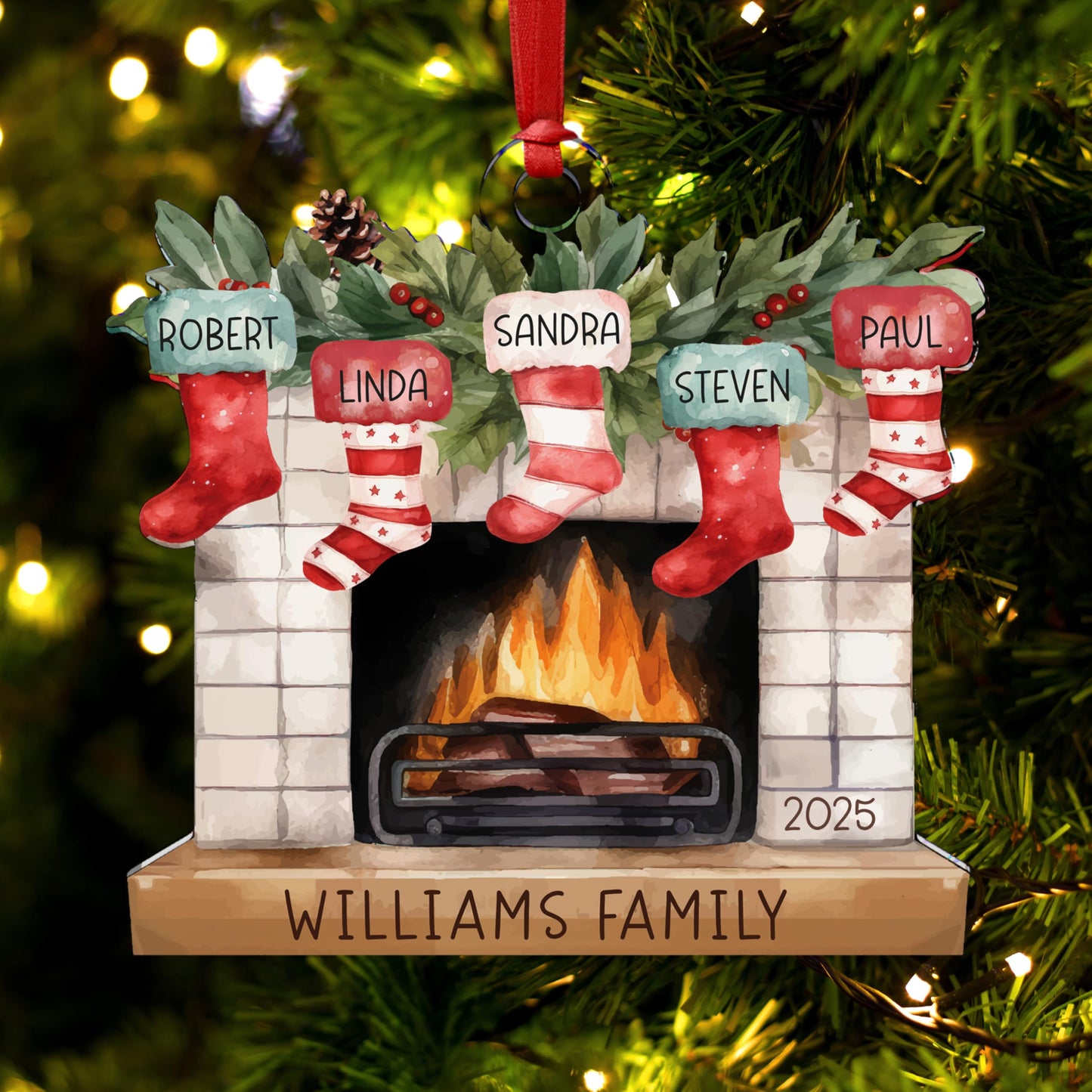 Christmas 2025 Family Ornaments Personalized - Up to 7 Names - Custom Fireplace Mantle Ornament w/Names, Family Christmas Tree Ornament, Personalized 2024 Xmas Ornaments