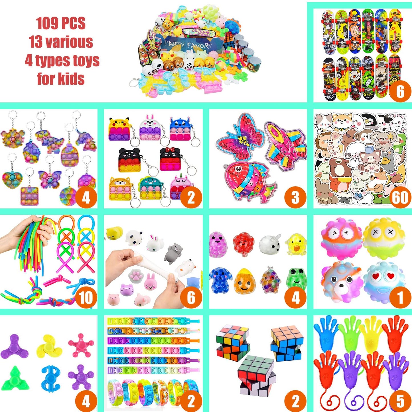 109 PCS Premium Party Favors Toys for Kids,Assortment Mini Pop Fidget it Toys for All Ages Kids,Classroom Prizes,Treasure Chest, Prize Box Toys, Goody Bag Fillers,Carnival Prizes for Boys Girls 4-10