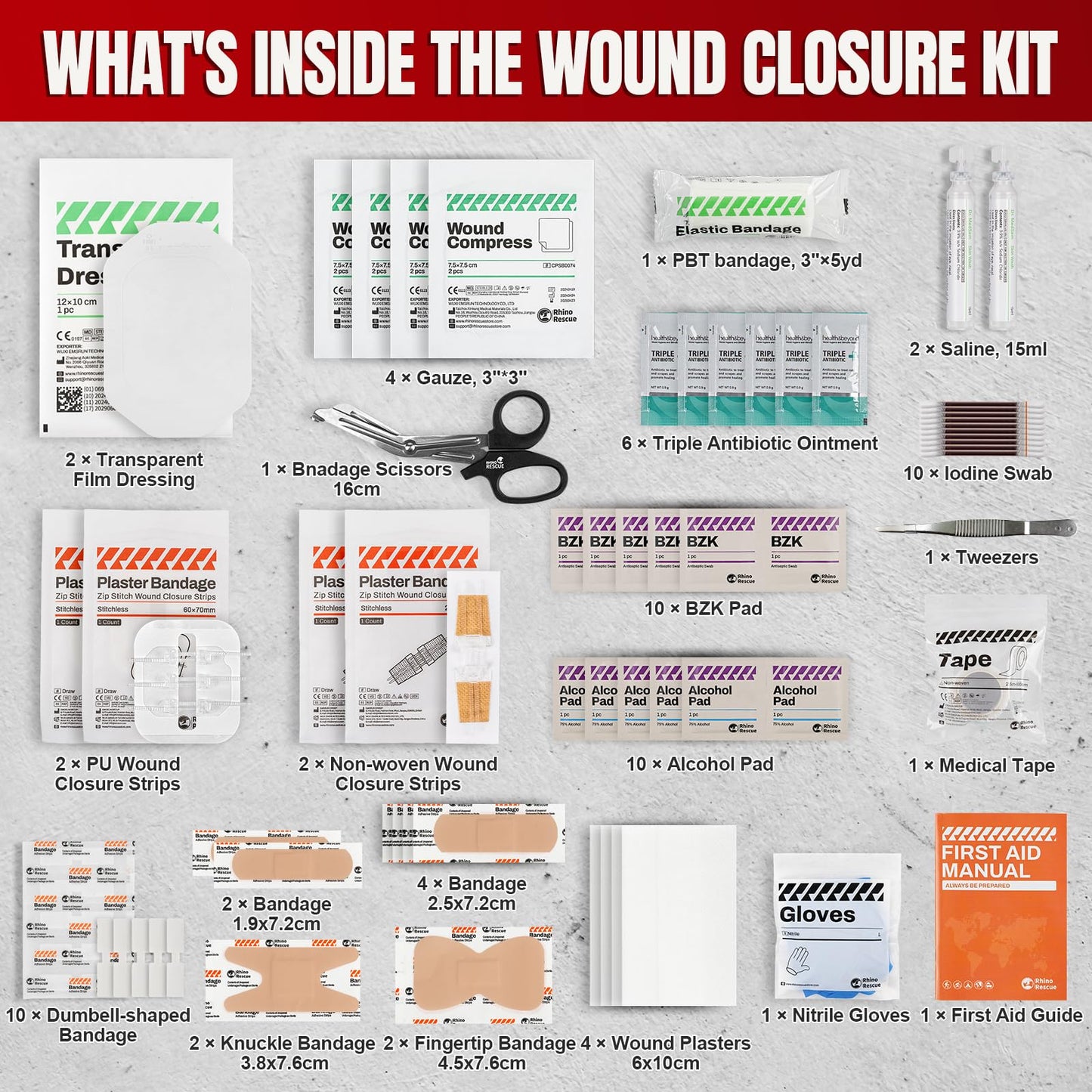 RHINO RESCUE Wound Closure Kit, 3 Types Butterfly Bandages with Bandages, Triple Antibiotic Ointment, Wound Closure Strips, Stitchless & Painless Stitch Zip Laceration Closure First Aid Kit