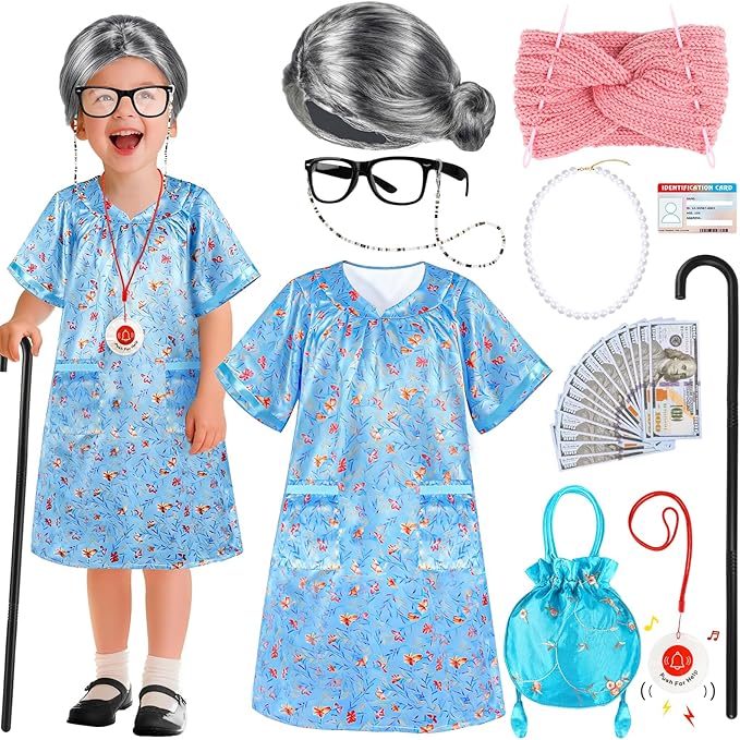 Old Lady Costume for Kids Girls, 100 Days of School Costume for Girls 100th Day of School, Granny Grandma Dress Up Nightgo...
