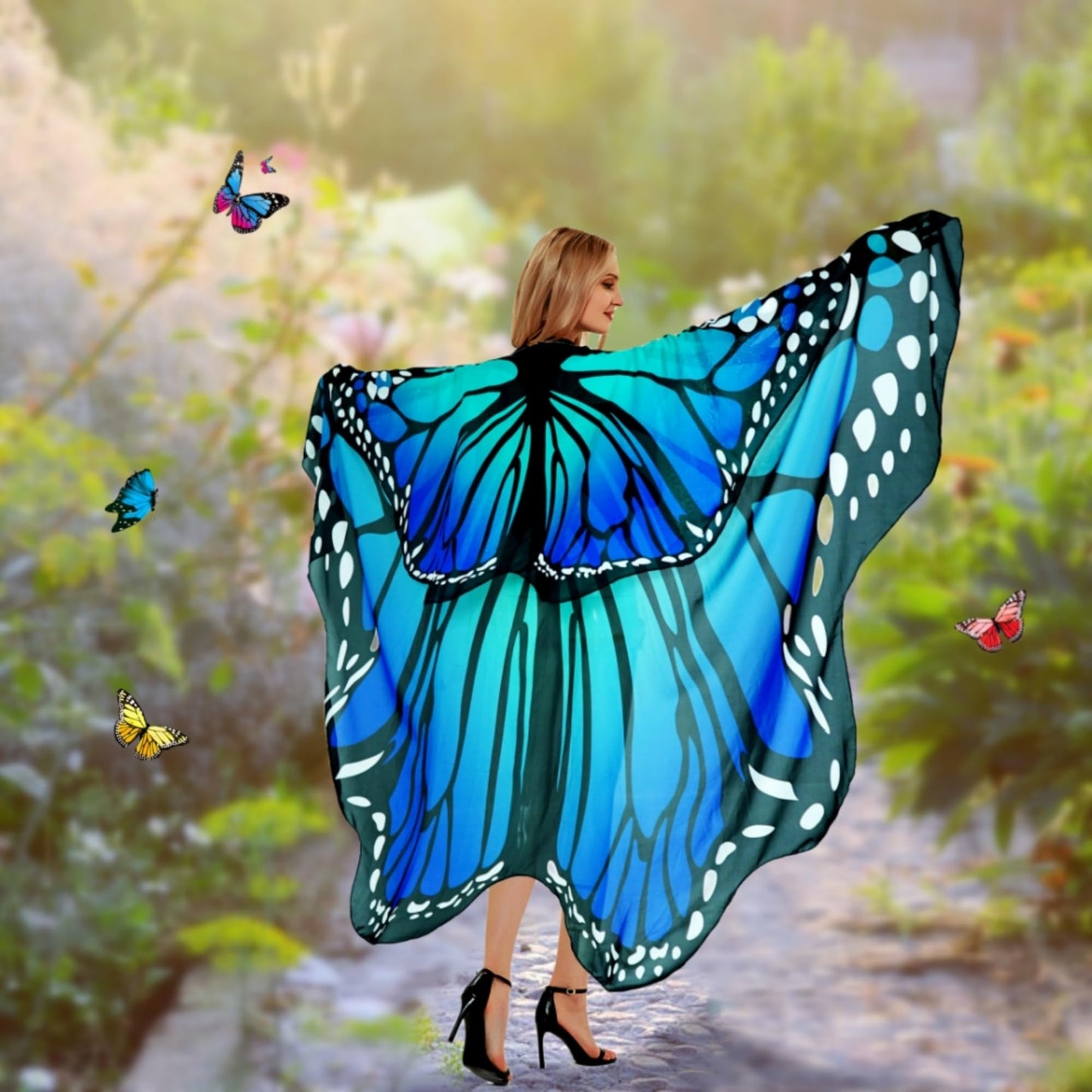 Sunlisky Halloween Costumes for Women Adult Double-Sided Butterfly Costumes Wing Cape Shawl 3Pcs（Green & Blue）