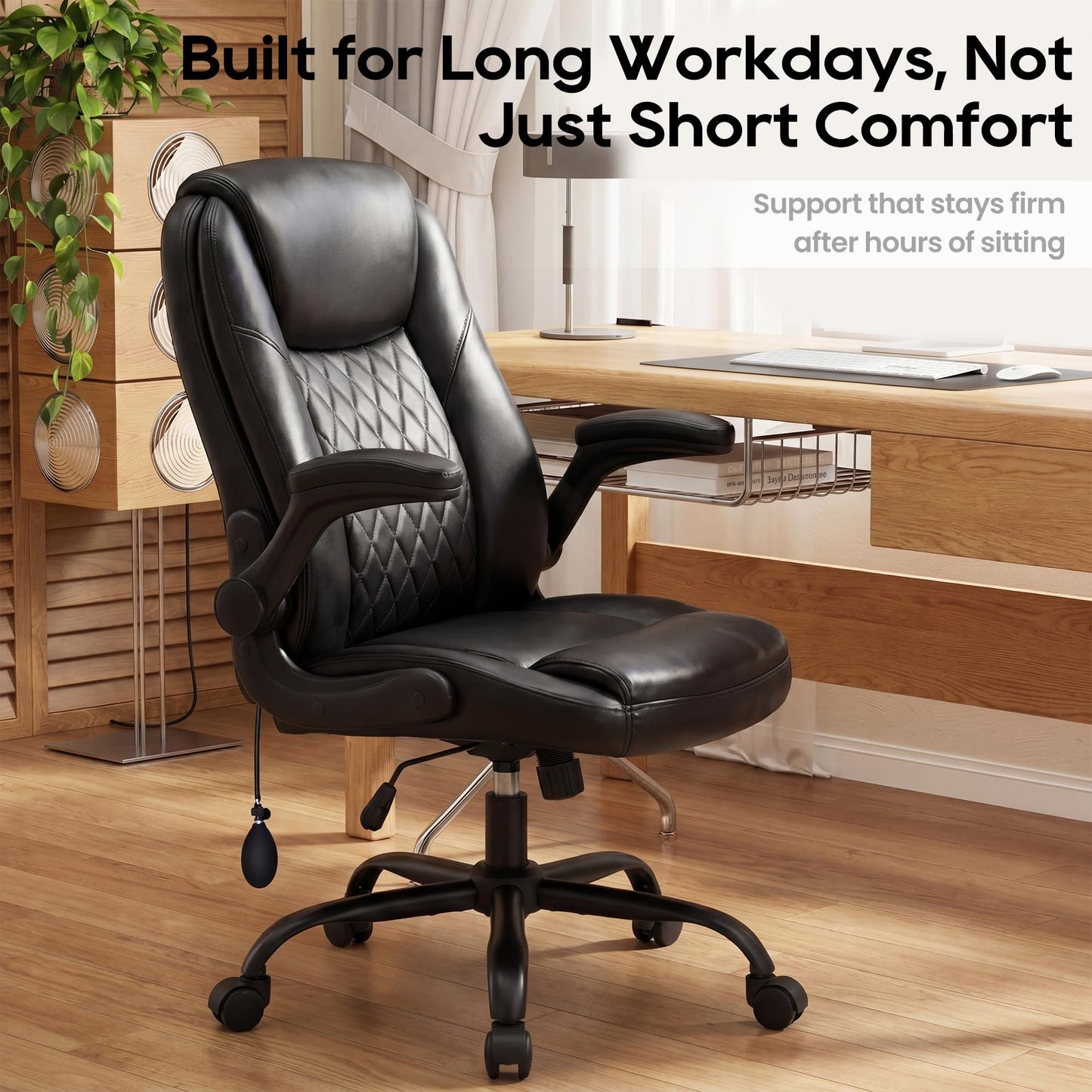 MALOL Leather Office Chair, Computer Desk Chair with Adjustable Lumbar Support, Thick Cushion, Flip-Up Arms and Ergonomic Back, Comfy Executive Office Chair for Home Office Gaming,Black