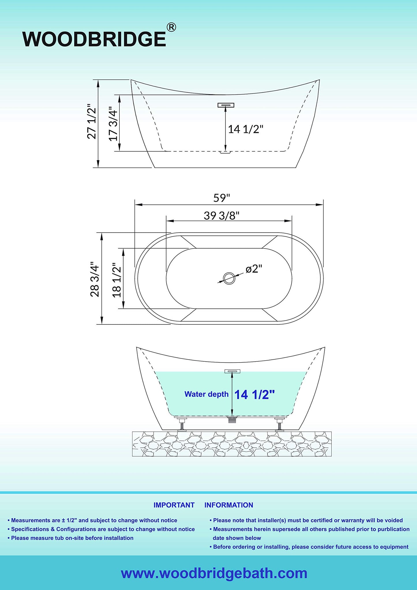 WOODBRIDGE 59"Freestanding White Acylic Soaking Bathtub with Brushed Gold Drain and Overflow,BTA1516 -BG-Drain &O
