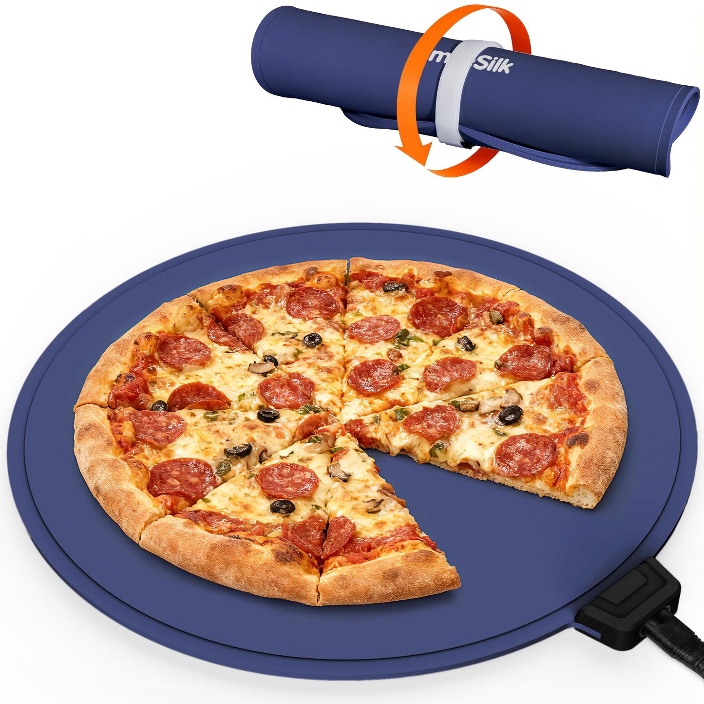 Smilesilk Portable Silicone Pizza Warming Mat - Roll Up Electric Food Heating Pad Tray, Fast Even Heating for Buffet Parties, Foldable Hot Plate Warmer for Home Kitchen Gifts (Navy blue)