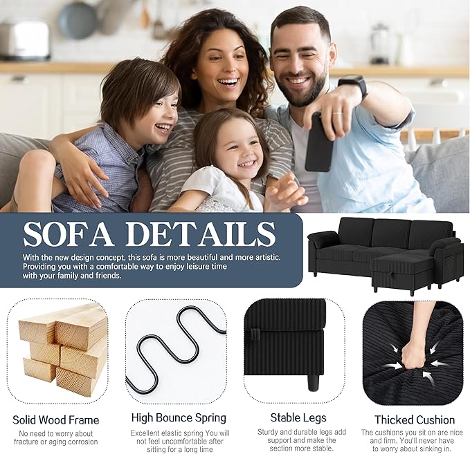 Meilocar Sectional Sofa Couch for Living Room, 79" Sectional Couches with Ottoman, L Shaped Couch with Armrests Side Storage Pockage, 3-Seat Sofa Couches for Apartment, Black