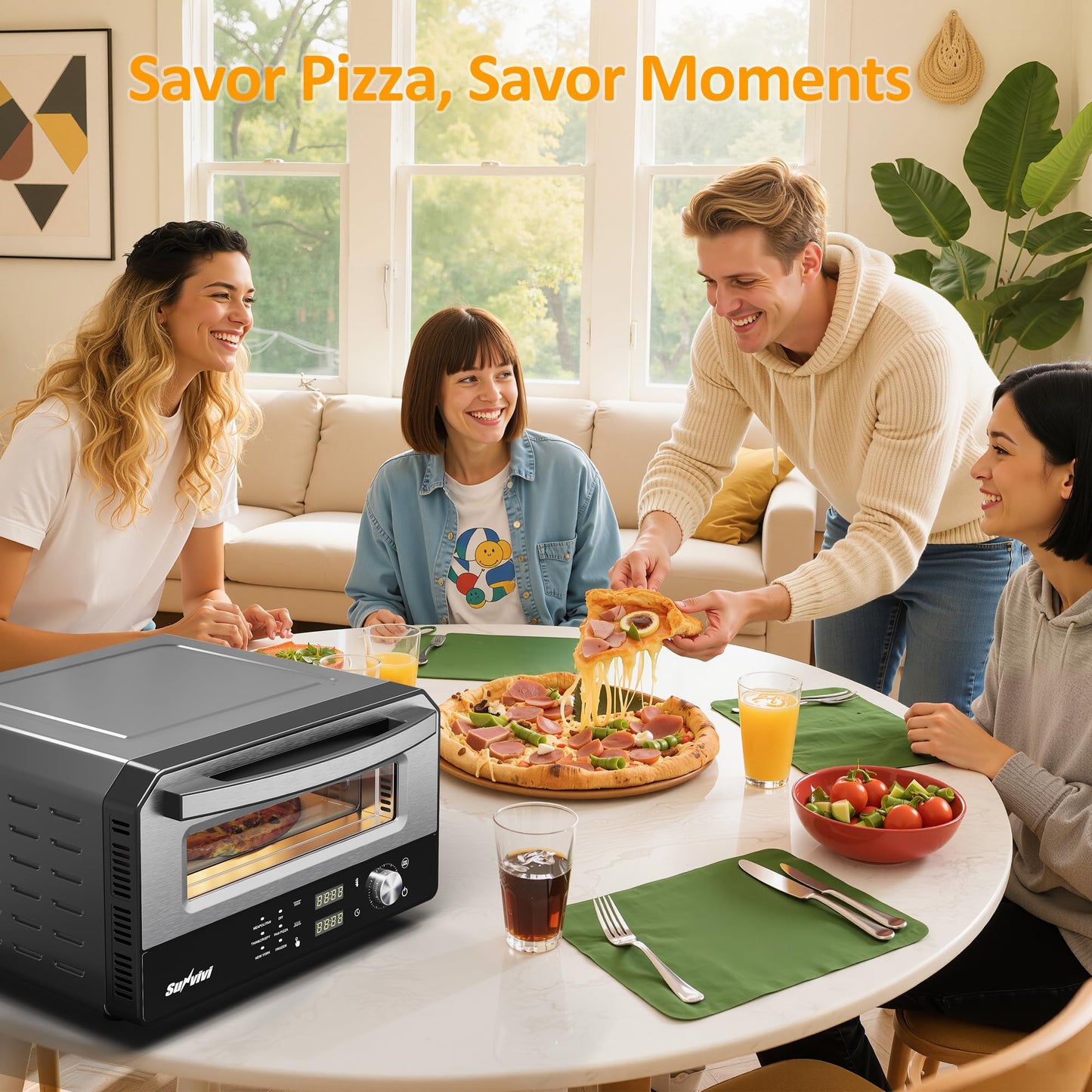 SUNVIVIPRO Pizza Oven Indoor Outdoor: Heats up to 750℉, Up to 12" Electric Countertop Pizza Maker with 6 Presets, Control Knob, Portable Pizza Cooker Warmer for Home, Camping, Pizza Stone, Pizza Peel