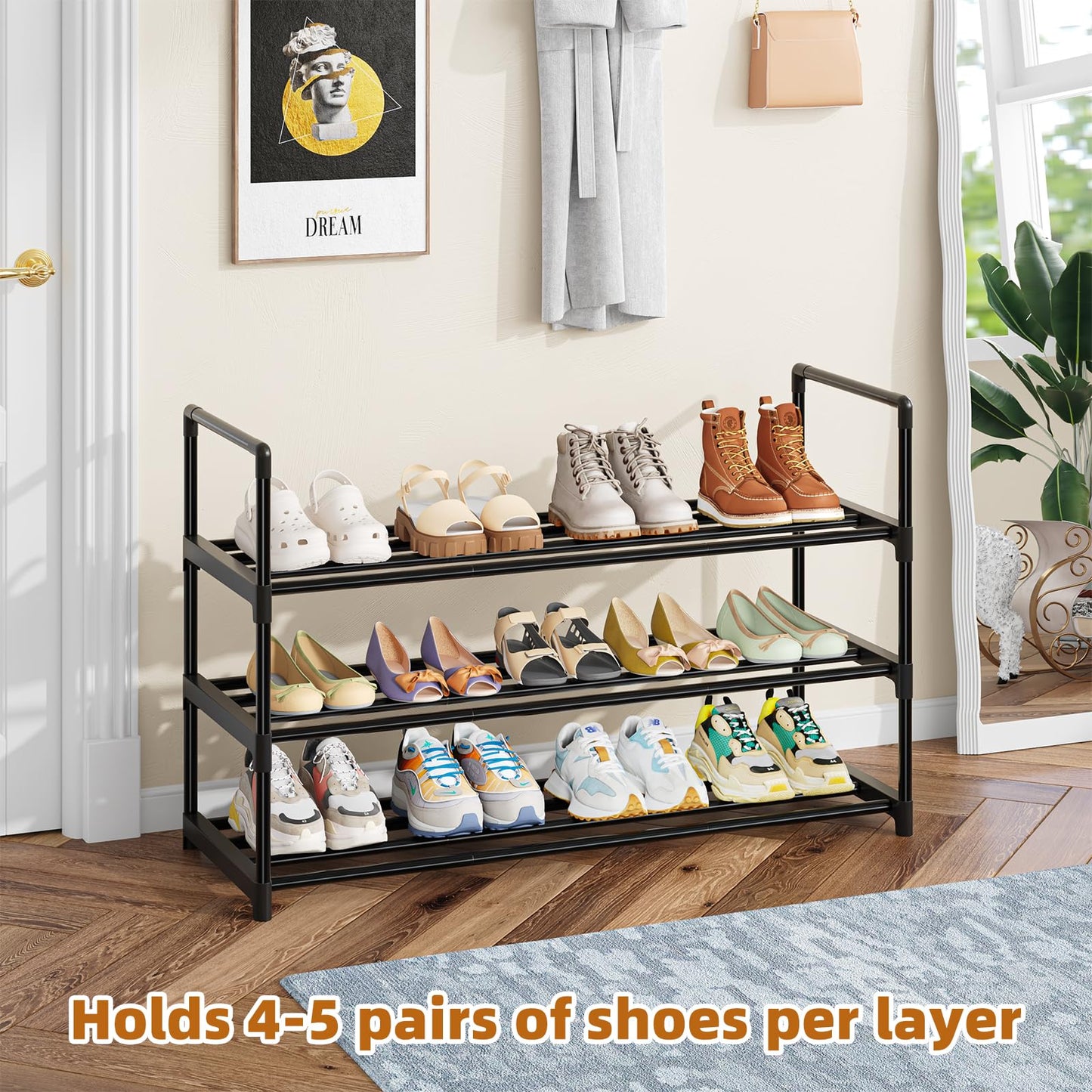 Simple Trending Shoe Rack, 3-Tier Shoe Organizer, Metal Storage Shelf, for 16-20 Pairs, Stackable, for Entryway, 11.75 x 36.5 x 21.5 Inches, Black