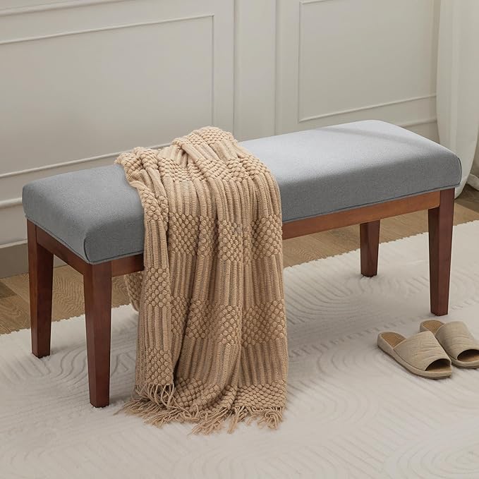 WUTUTUEE 43.5'' Linen Bedroom Bench, Upholstered End of Bed Bench, Padded Vintage Dining Bench, Entryway Bench with Solid Wood Legs, Kitchen, Living Room, Hallway, Light Grey