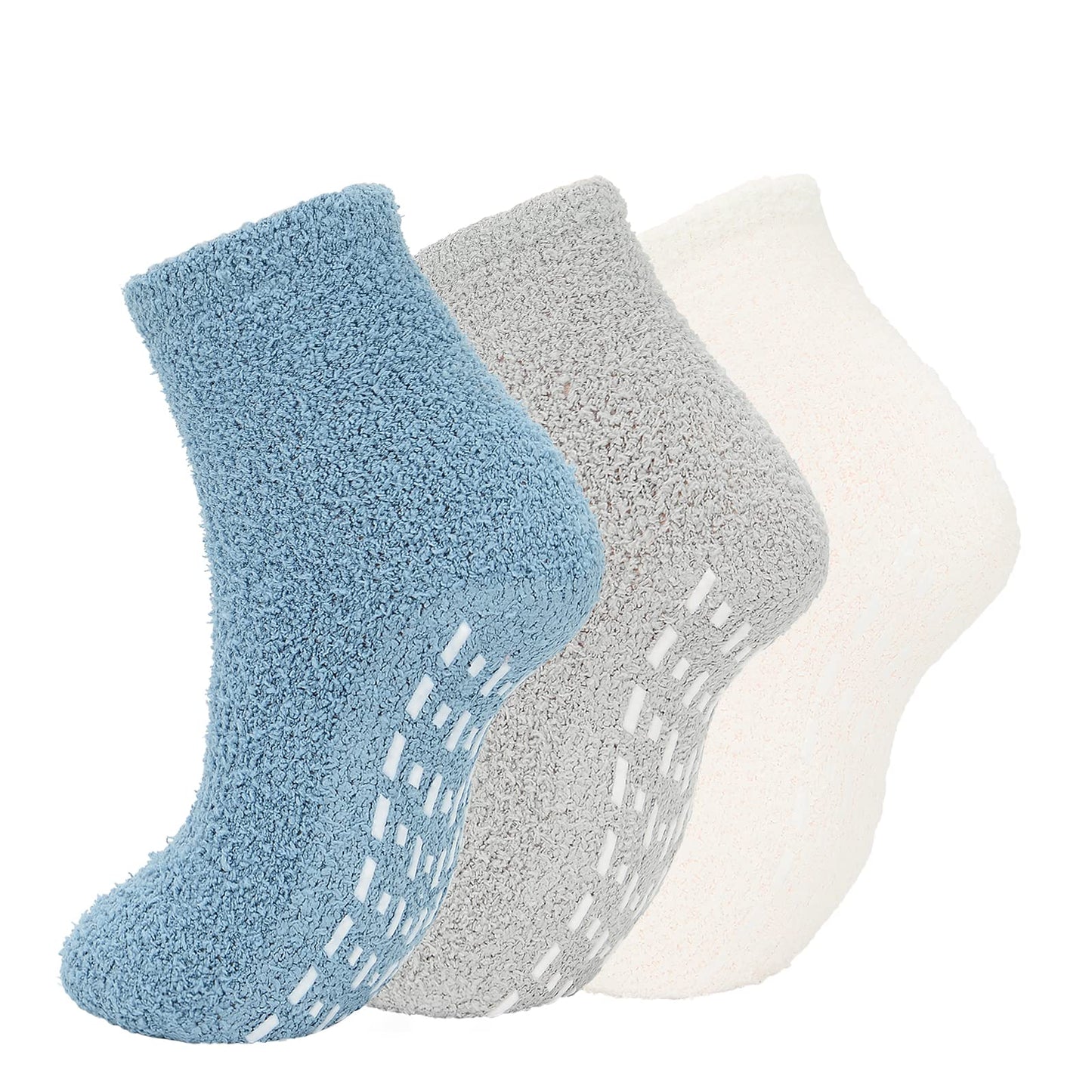 Hospital Non Slip Socks with Grips for Women Fuzzy Fluffy Grippy Warm Slipper Socks with Grip for Women No Slip 3 Pairs Blue Gray White