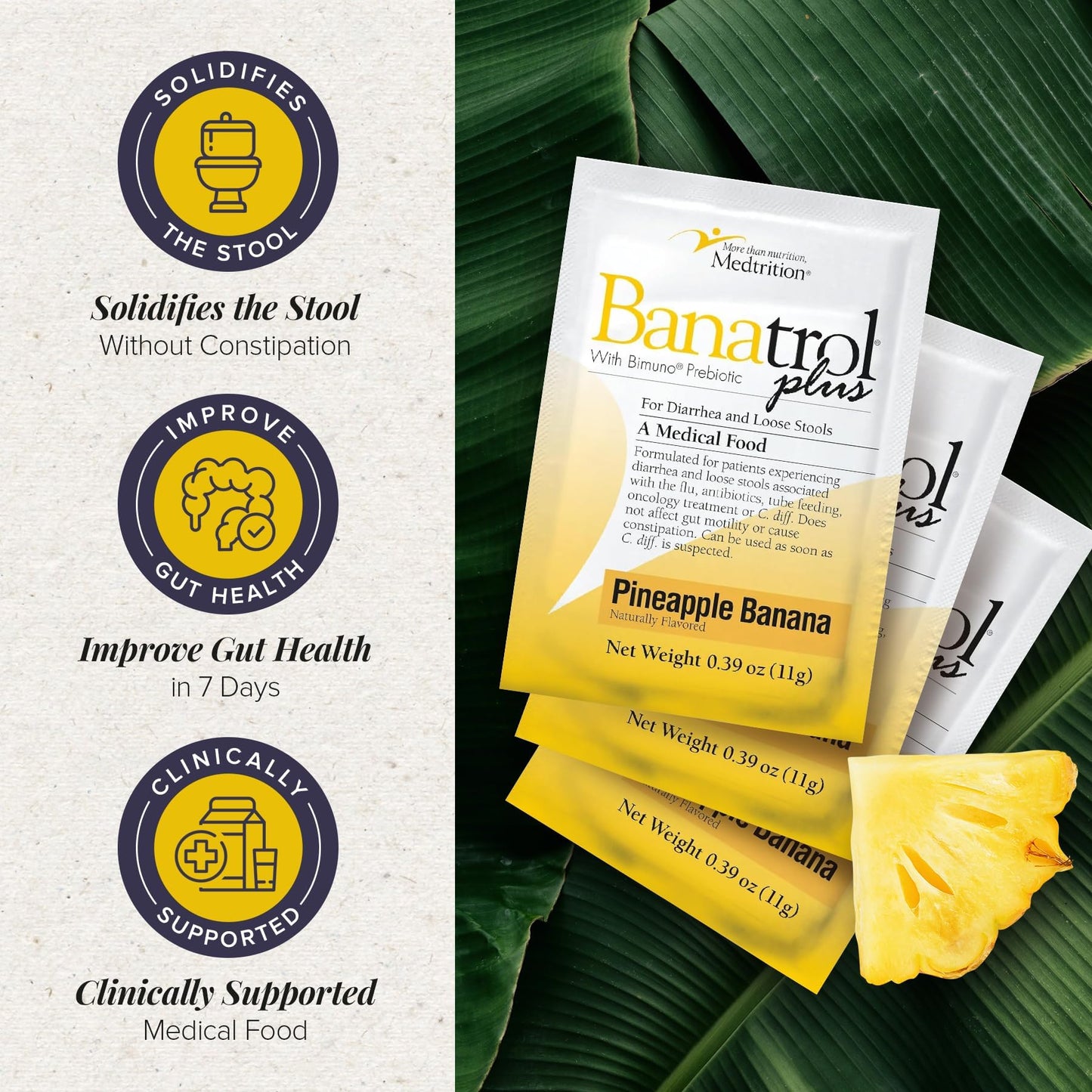 Banatrol® Natural Anti-Diarrheal with Prebiotics, Relief from Chronic Diarrhea, IBS, Recurring Diarrhea, Clinically Supported Medical Food, Non-Constipating, 75 Servings (Pineapple)