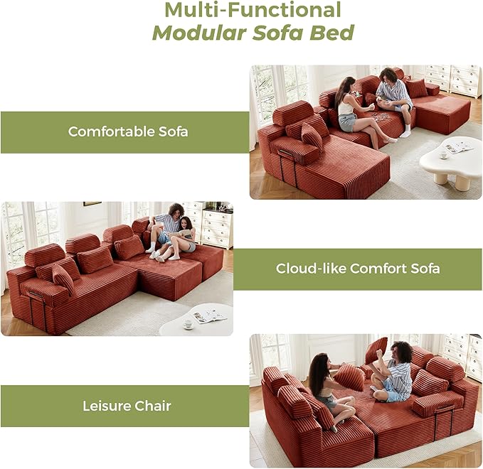 141" U-Shaped Cloud Modular Sectional Sofa with Chaise & Headrest, Boneless Deep Seat Plush Corduroy Couches for Large Living Room, No Assembly Required (Orange, 141" U-shapred Chaise)