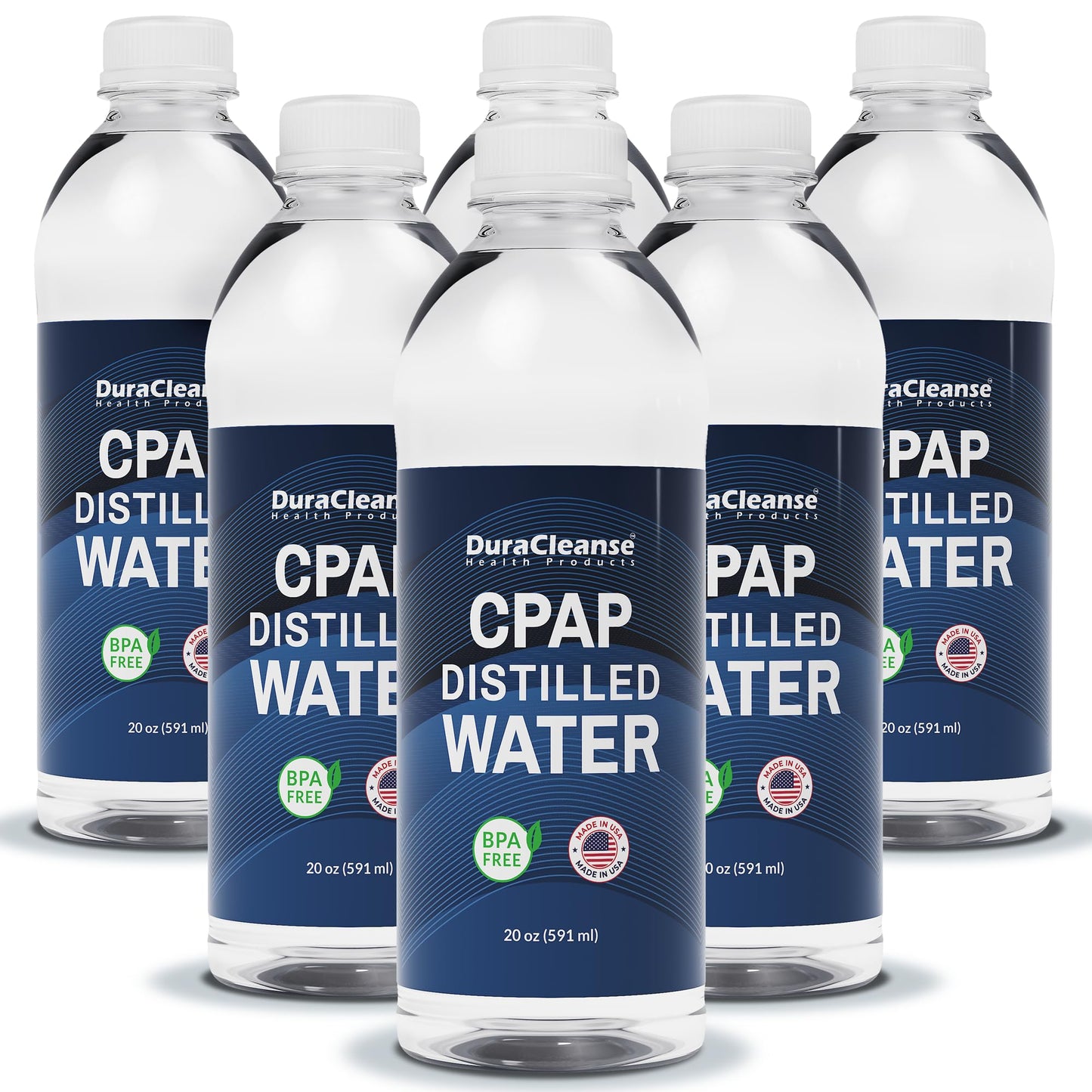 Dura Cleanse Distilled Water for CPAP Machines 6 Pack (20 oz Each) Travel Size Bottles for Resmed, Respironics Machines, Personal Humidifier - Made in USA, BPA-Free, Clean, Multi-Use, Travel-Friendly