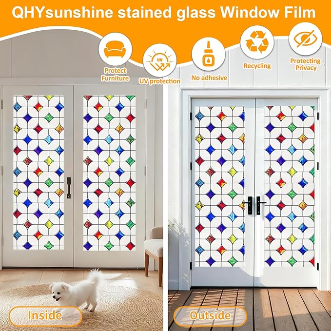 Stained Glass Window Film - Non-Adhesive Colorful Privacy Film | Privacy Protection, Reusable & Renter Friendly | Perfect for Bedroom/Bathroom Room Decor (Frosted Mosaic, 23.6 x 78.7 in)