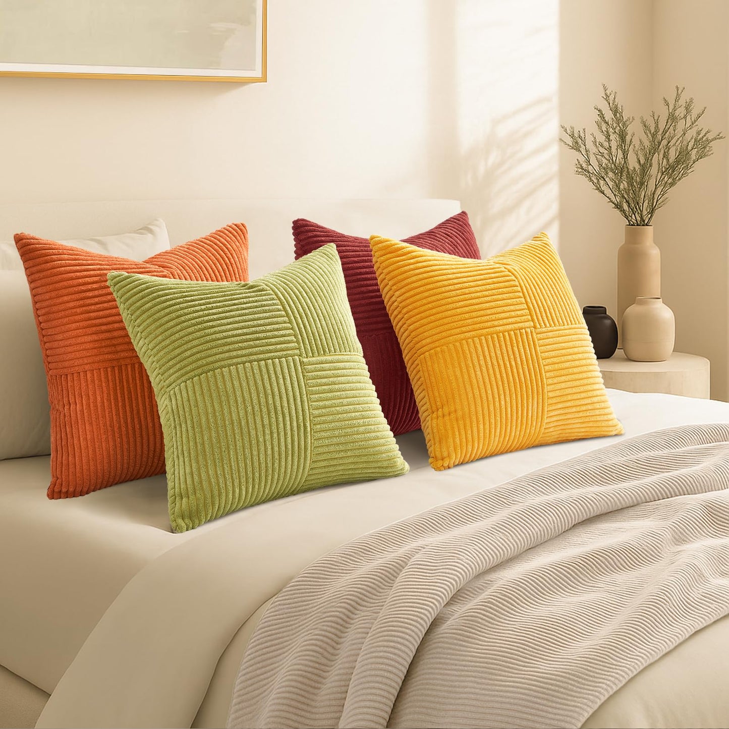 Topfinel Fall Burnt Orange Decorative Throw Pillows Covers 18x18,Soft Corduroy Square Throw Pillow Covers Set of 4,Western Farmhouse Cushion Cover for Couch Sofa Bedroom(Terracotta,Rust,Yellow)