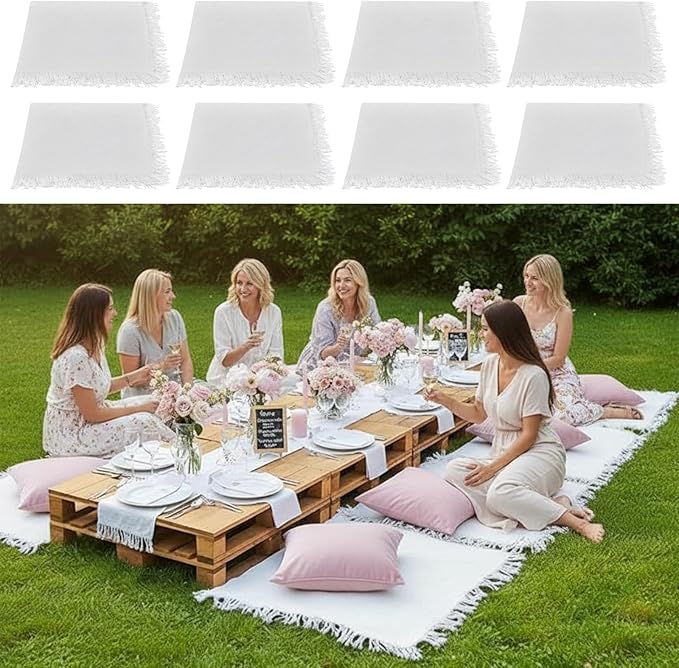 Hahafelt 8 Pcs Outdoor Picnic Blanket 35"x35" Boho Blanket Woven Cotton Yarn Portable Mat Plaid with Fringe Washable for P...