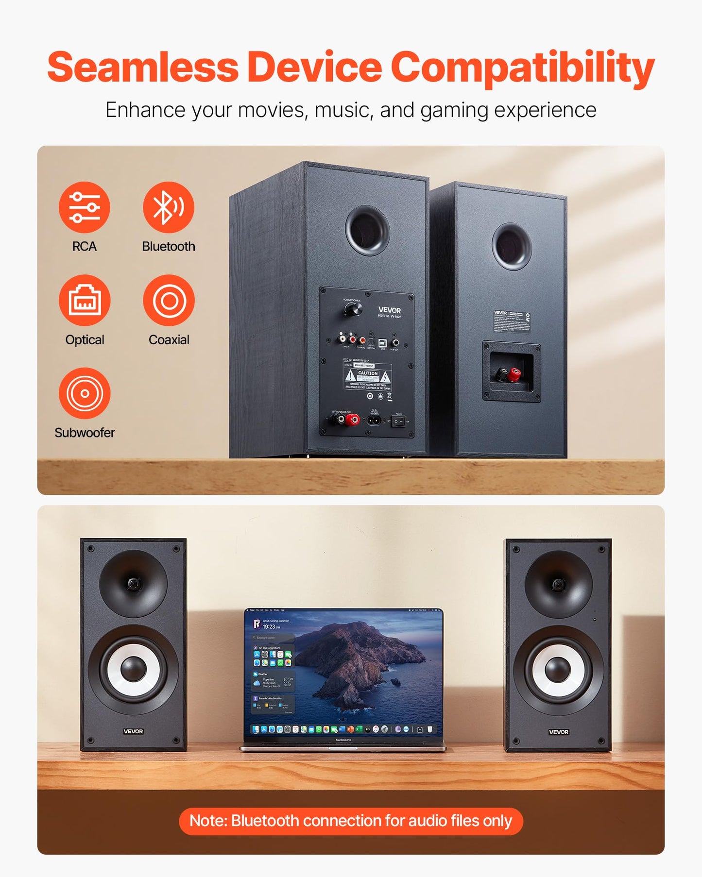 Vevor Powered Bookshelf Speakers, 25W X 2, Active Studio Monitor Speaker With 5.5 Inch Woofer, Bluetooth/Rca/Coaxial/Optical/Usb