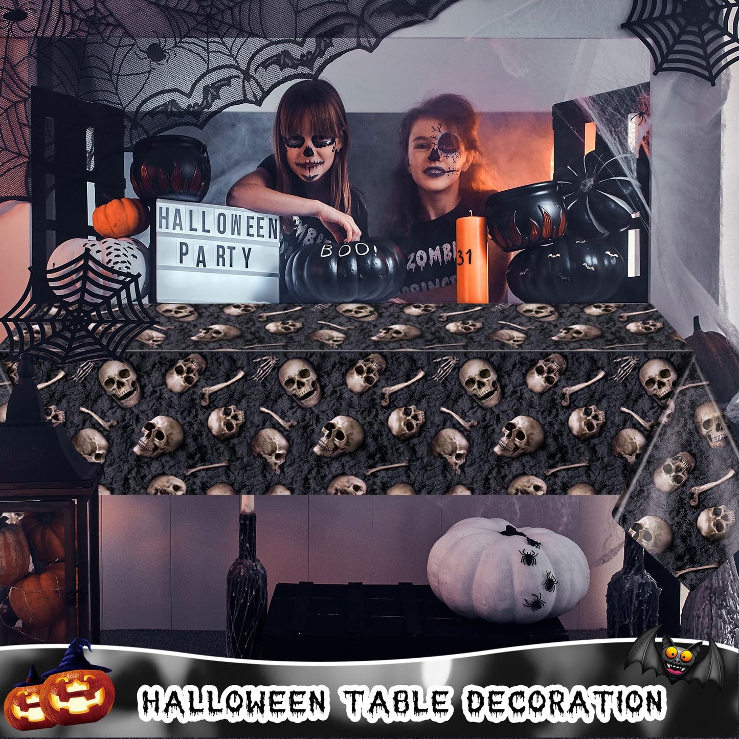 Preboun 100 ft x 54 Inches Halloween Skeleton Tablecloth Skull Wallpaper Halloween Scene Setters Room Skeleton Theme Plastic Waterproof Catacombs Skull Backdrop for Party Decoration Supplies