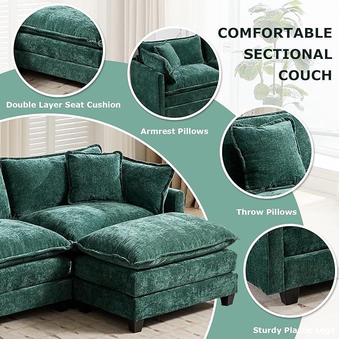 SoarFlash 77.95" Chenille Sectional Sofa, Comfy Modular Loveseat Sofa, Modern 2-Seat Couch Deep Seat Sofa Set for Living Room,Green