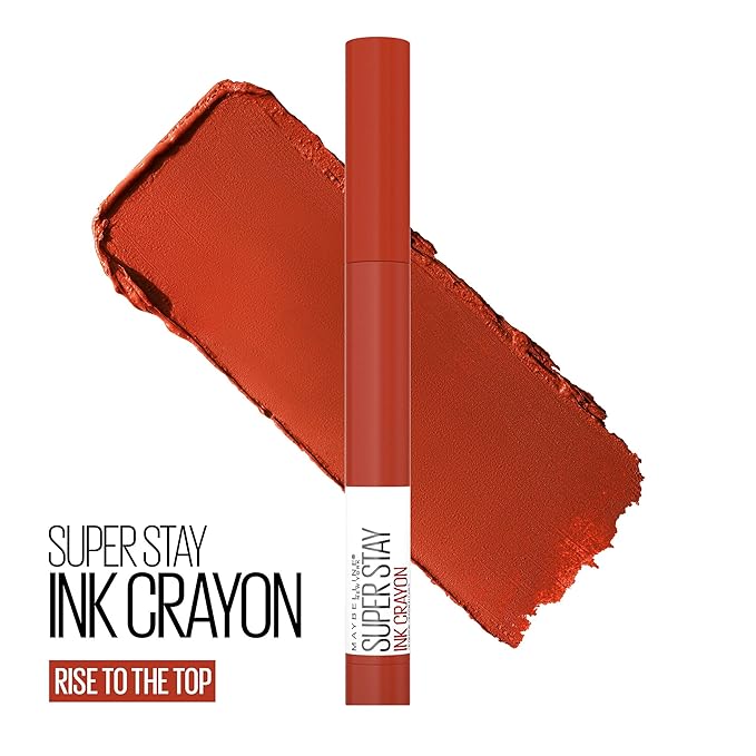 Maybelline Super Stay Ink Crayon Lipstick Makeup, Precision Tip Matte Lip Crayon with Built-in Sharpener, Longwear Up To 8Hrs, Rise To The Top, Burnt Sienna, 1 Count