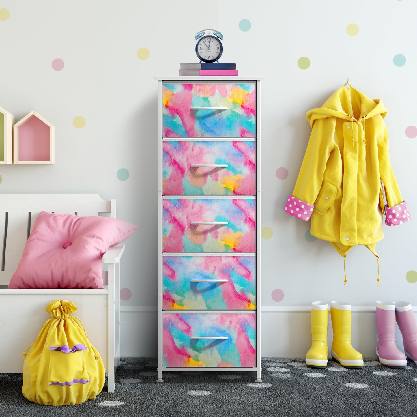 Sorbus Kids Dresser with 5 Drawers - Storage Chest Organizer Nightstand - Steel Frame, Wood Top, Tie-Dye Fabric Bins for Clothes - Wide Furniture for Bedroom, Hallway, Nursery, Closet, & Apartment