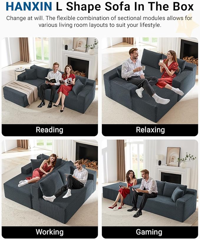 105 Inch Cloud Sectional Couch,Modern Modular Sectional Sofa with Deep Seat,Corduroy Boneless Couches with L-Shape Chaise for Living Room Bedroom,No Assembly Required (Dark Grey, Left Facing Chaise)