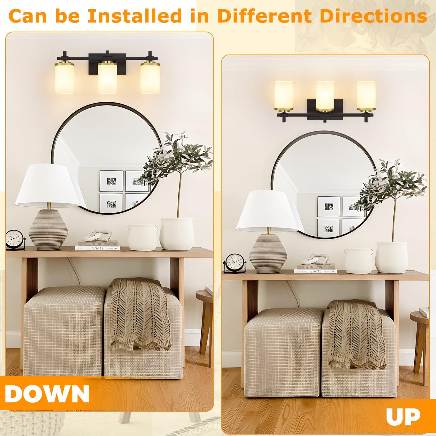 Spiglamm 3-Lights Black and Gold Bathroom Lighting Fixtures Over Mirror, Anti-Rust Vanity Wall Lights for Bathroom with Milky White Frosted Glass Shades, Modern Bath Wall Lamp for Living Room Bedroom