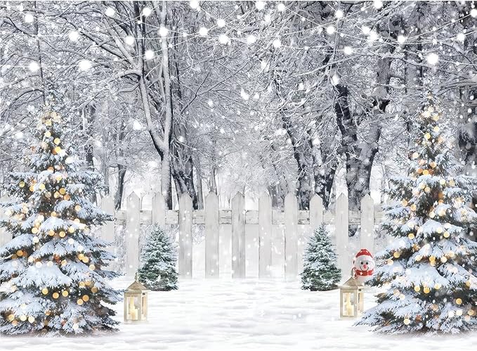 8x6ft Christmas Backdrop Winter Snow Forest White Fence Background Christmas Trees String Lights Lantern Snowman Photograp...