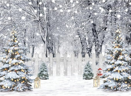 8x6ft Christmas Backdrop Winter Snow Forest White Fence Background Christmas Trees String Lights Lantern Snowman Photograp...