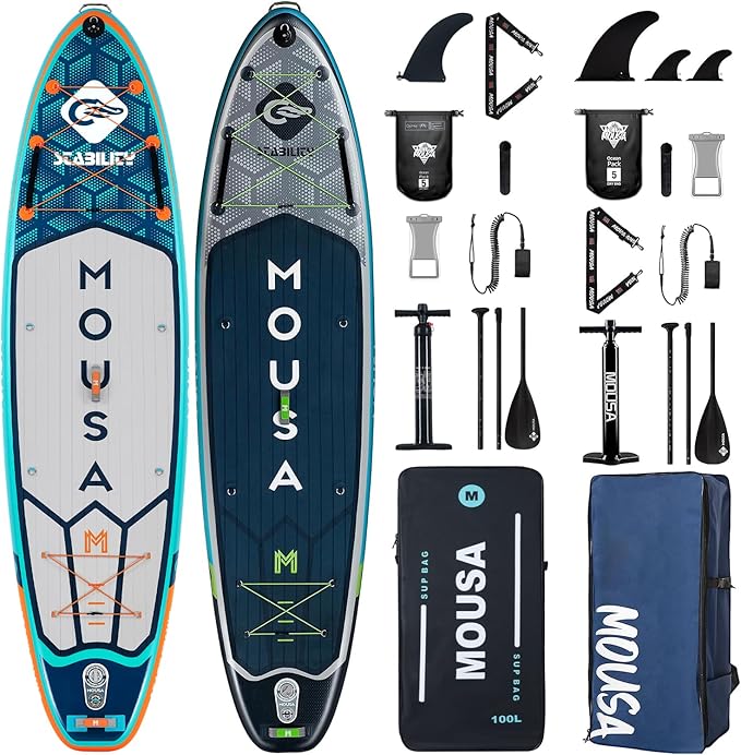 MOUSA 11'6''×34&11'6''×35" Extra Wide Inflatable Stand Up Paddle Board, Stable Long SUP for 2 People/Family, Shoulder Stra...