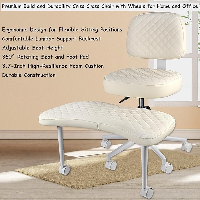 Meditation Chair Cross Legged Chair with Wheels Criss Cross Chair ADHD Desk Chair for Adults with Back Support Wide Squatting Kneeling Chair Adjustable Height for Office, Home, Yoga (White)