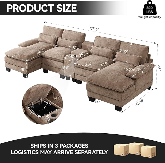 125" U Shaped Cloud Modular Sectional Couch for Living Room, Small Comfy Sherpa Sofa with Double Chaise Lounge, Storage Central Console, Cup Holders, USB Port, Camel