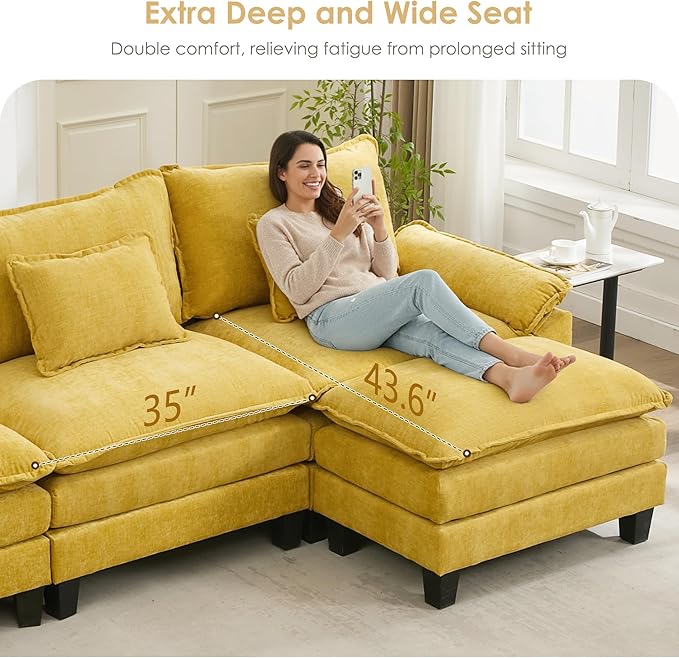 URRED Cloud Couch Modular Sectional Sofa, 87" Modern Loveseat Sofa with 2 Ottomans & Pillows, Ultra Comfy Chenille Couches for Living Room, Bedroom or Apartment, Yellow