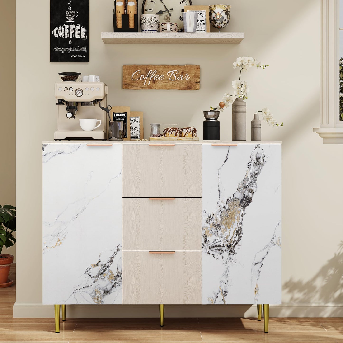 LubanNese Buffet Sideboard Cabinet with Storage, Modern Sideboard with 3 Drawers, Credenza Accent Cabinet, Wood Console Table Coffee Bar for Kitchen, Dining Room, Entryway
