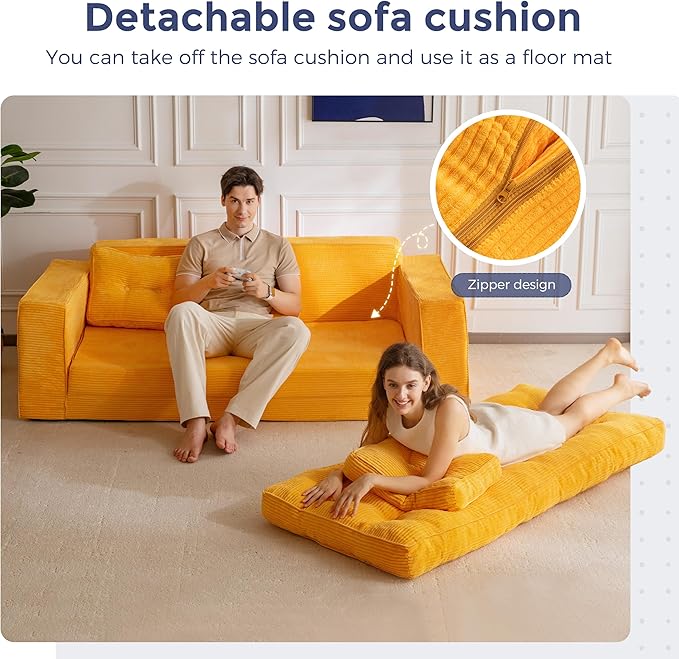 MAXYOYO Convertible Sofa Bed, Pull Out 3 Seater Sleeper Sofa, 2 in 4 Folding Couch Bed, Fold Out Floor Couch with Pillows for Living Room Bedroom Lounge, Orange