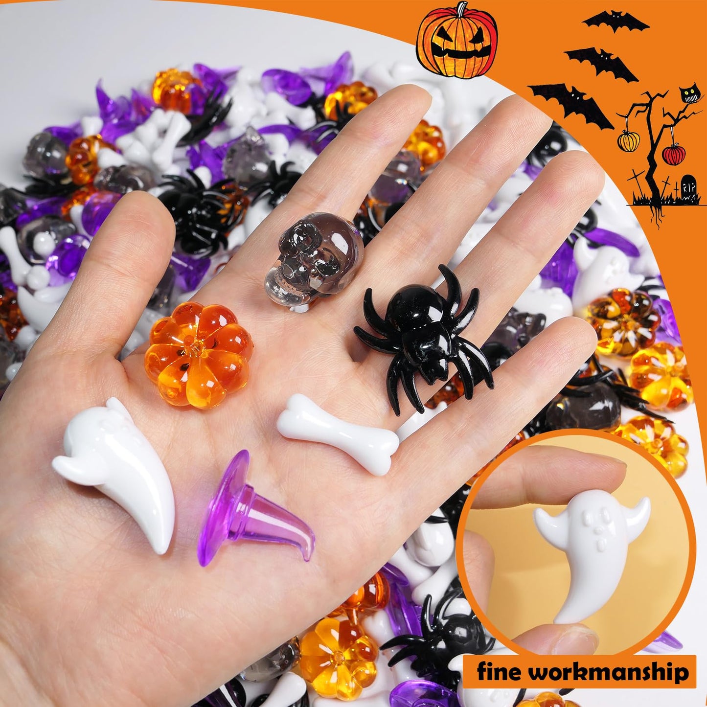 HADDIY Halloween Sensory Bin Filler,300 Pcs Mini Acrylic Pumpkin Ghost Skull Gems Vase Fillers for Halloween Centerpieces Table Decorations,Table Scatters,Preschool Counting and Craft