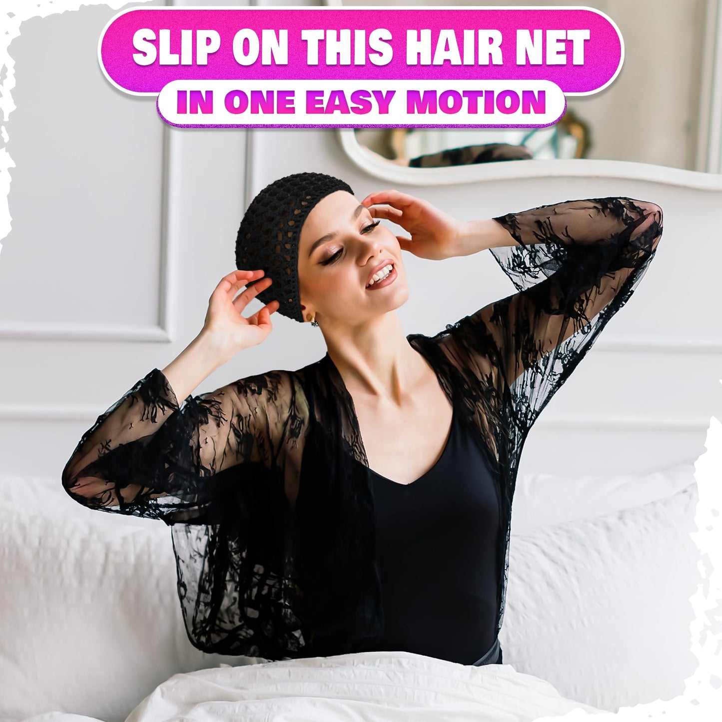 4 Pcs Black Hair Net for Women – 5.5 x 7" Soft, Lightweight Viscose Hair Nets for Sleeping – Stretchable, Breathable, Comfortable for Extended Wear, Size May Vary by 0.5–1" – Gentle for Daily Use