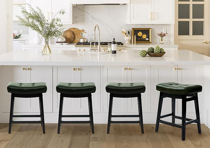 RNKSFX Counter Height Bar Stools Set of 6 for Kitchen Counter Farmhouse Modern Barstools with Faux Leather Upholstered Backless Seat and Solid Wood Legs 24 inch Bar Chairs, Green + Black