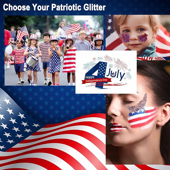 Boko 50ML Red White Blue Body Glitter Gel, 4th of July Chunky Glitter for Face Hair Body Pride Makeup, Patriotic Glitter for Independence Day Memorial Day Veterans Day Flag Party Rave Accessories