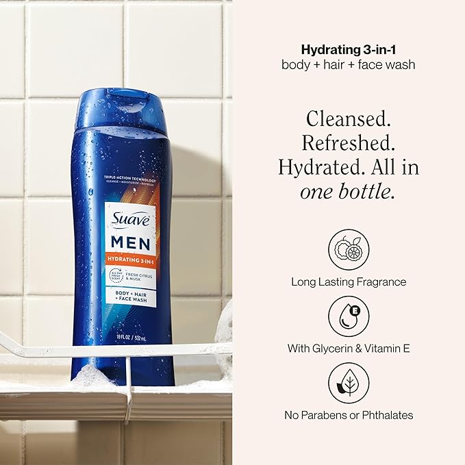 Suave Men Hydrating 3-in-1 Body + Hair + Face Wash with Glycerin & Vitamin E, Cleanse, Moisturize, Refresh, No Parabens or Pthalatates, Long-Lasting Fragrance, 18 FL OZ, 6 Count