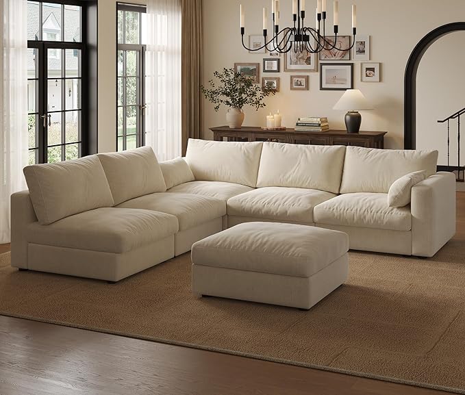 Cloud Modular Sectional Sofa Couch with Storage Ottoman, 99" Oversized Sectional Couches for Living Room, Cloud Modular L-Shaped Sofa with Chaise, 6 Seater, Chenille, Beige