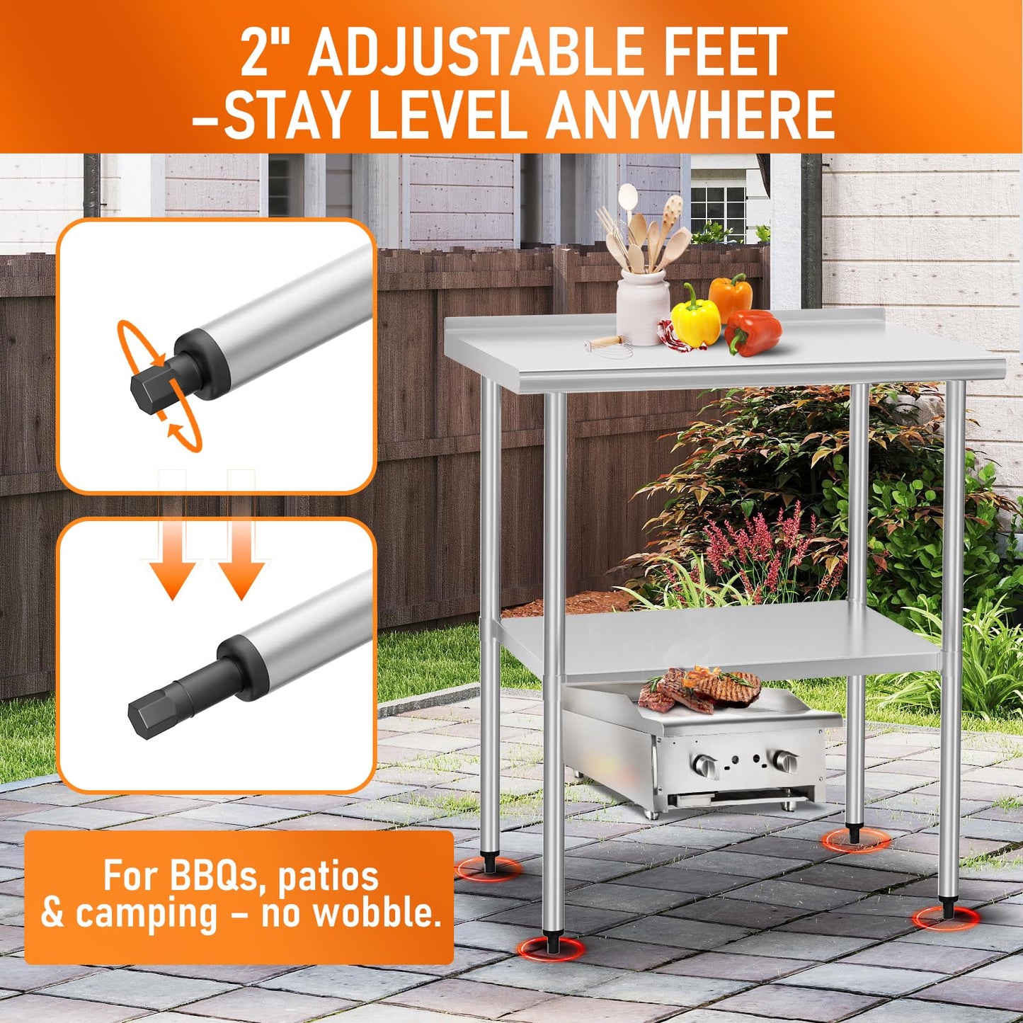 HOCCOT Stainless Steel Table 24" x 30" with Adjustable Undershelf and Backsplash, Commercial Metal Workstations for Kitchen, Garage, Outdoor BBQ