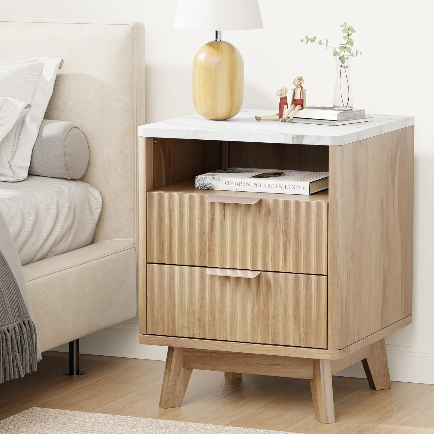 HOCAT Fluted Nightstand Set of 2, 18" Modern Bed Night Stand with Faux Marble Top, 2 Drawers, Open Storage Shelf, Living Room End Table, Curved Edge Bedside Table for Bedroom, Natural Oak